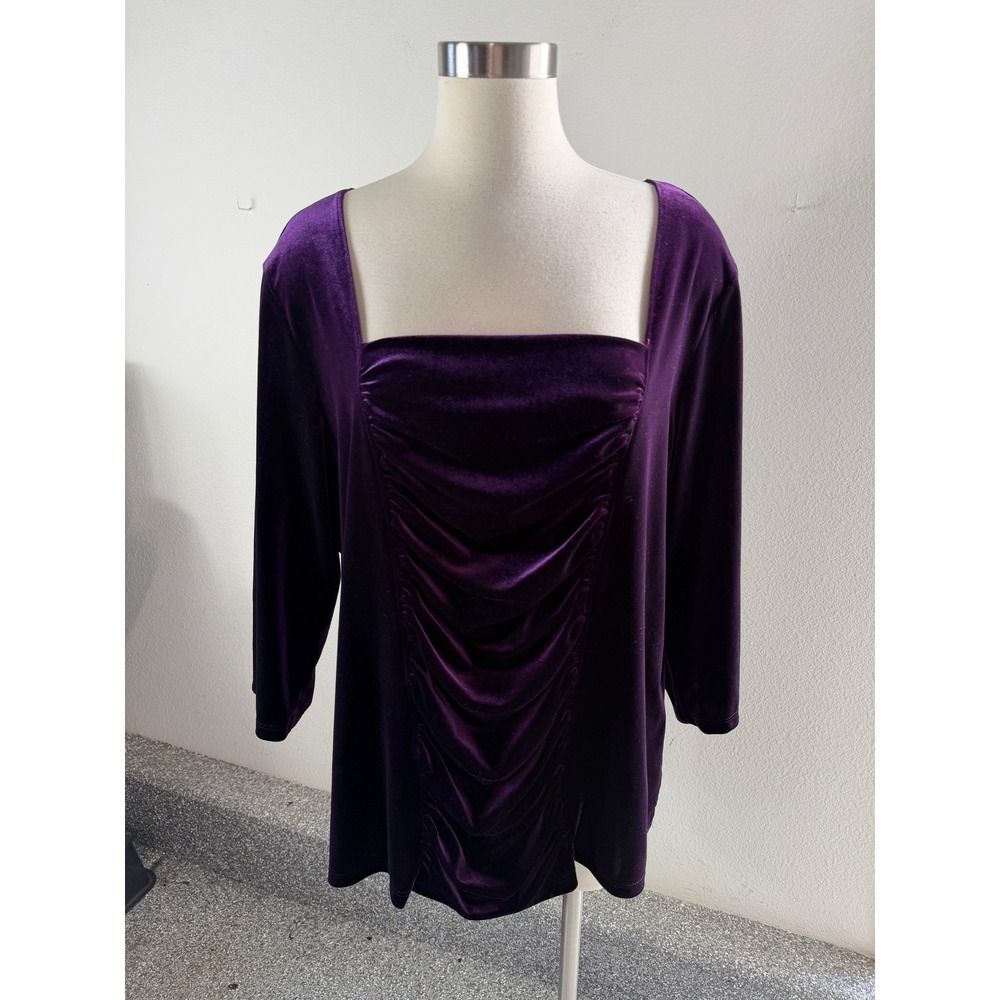 Roz & Ali Womens Plus 2X Purple Velvet Ruched Square Neck 3/4 Sleeve Top